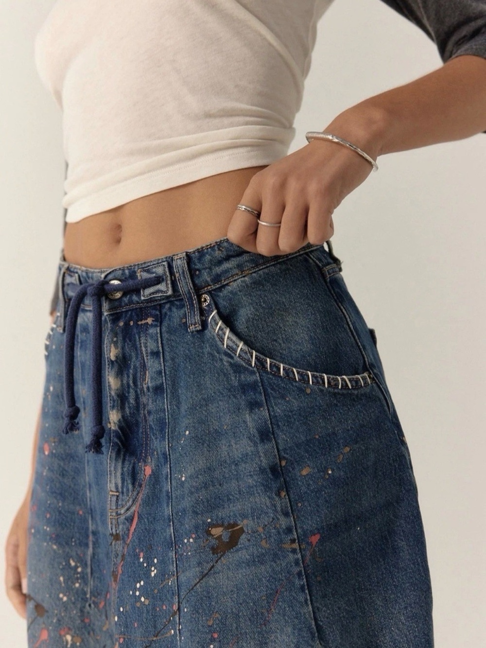Free People Tricia Fix Maxi Skirt We The Free Stitch Splatter Paint Blue